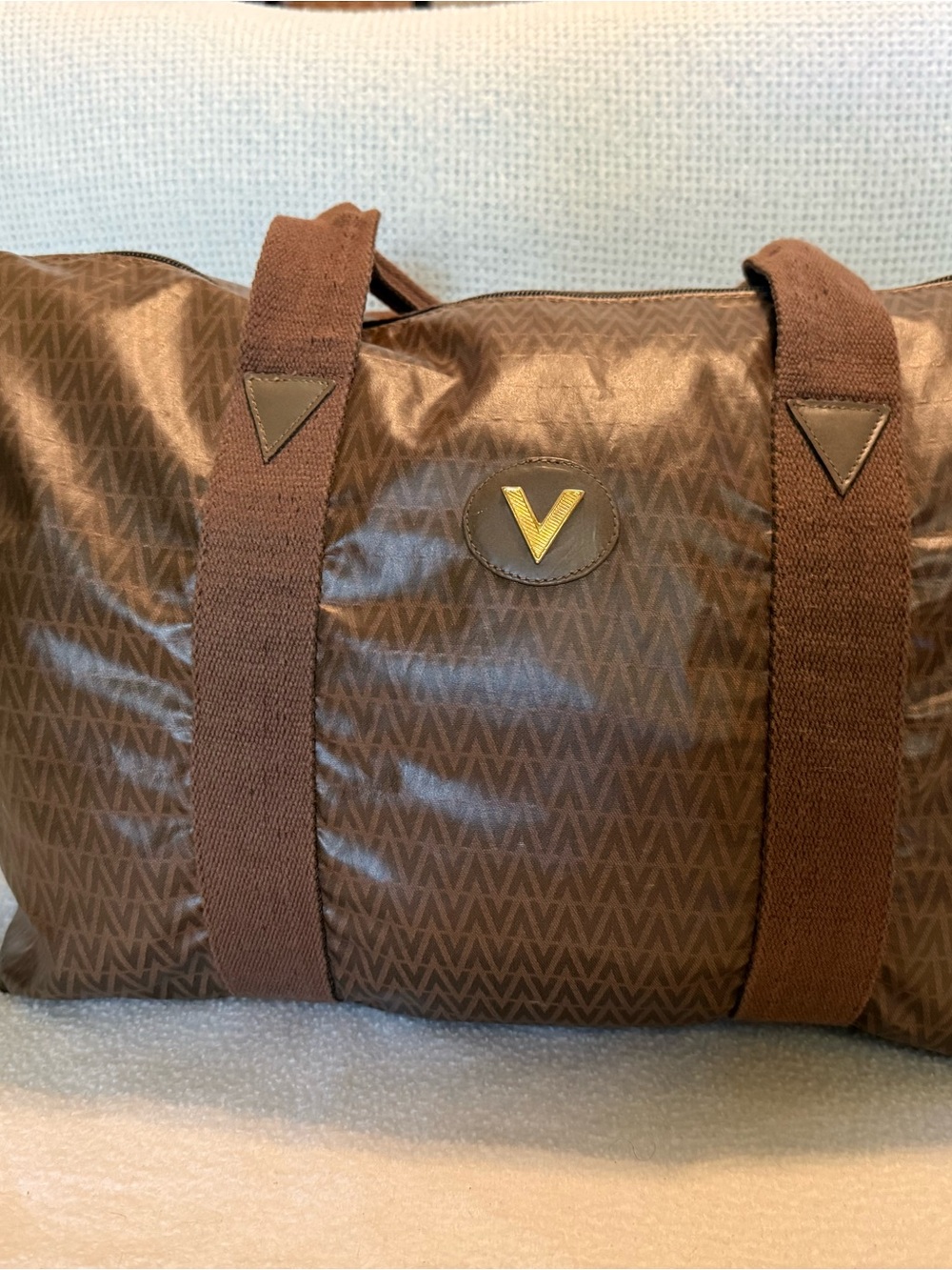 Vintage Mario Valentino Brown V Monogram Duffle Weekender Travel Bag